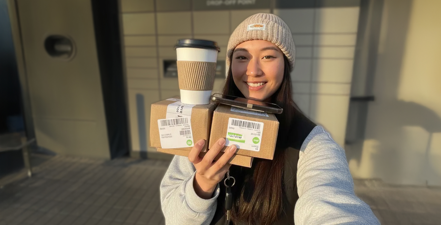 A woman collecting a parcel from an out-of-home collection point.